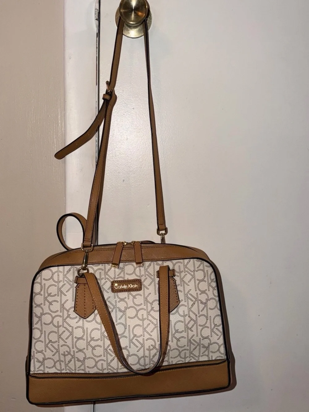 Calvin Klein Tan and Ivory CK Logo Satchel